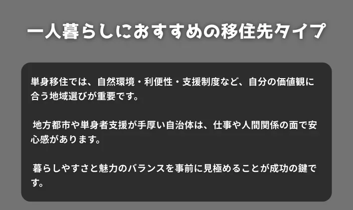 一人暮らしにおすすめの移住先タイプ